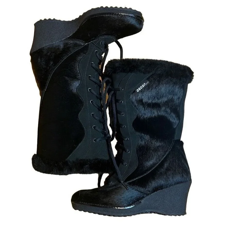 Oscar Sport Apres Ski Black Fur Lace  Boots 6 New
